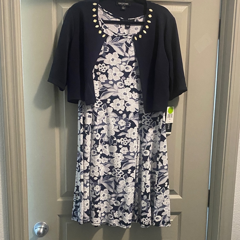 Perceptions Navy and White Floral Midi Dress with Cardigan